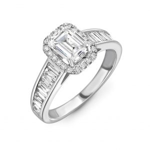 Diamond Set Baguette Shoulders Emerald Halo Shape Engagement Ring