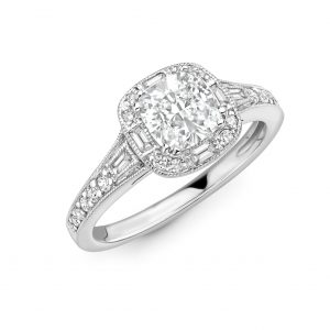 Antique Round Diamond Baguette Halo Engagement Ring